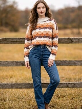 Staccato Woman's Lg Wavy Stripe Knit Sweater Boho Retro Fall Sweater